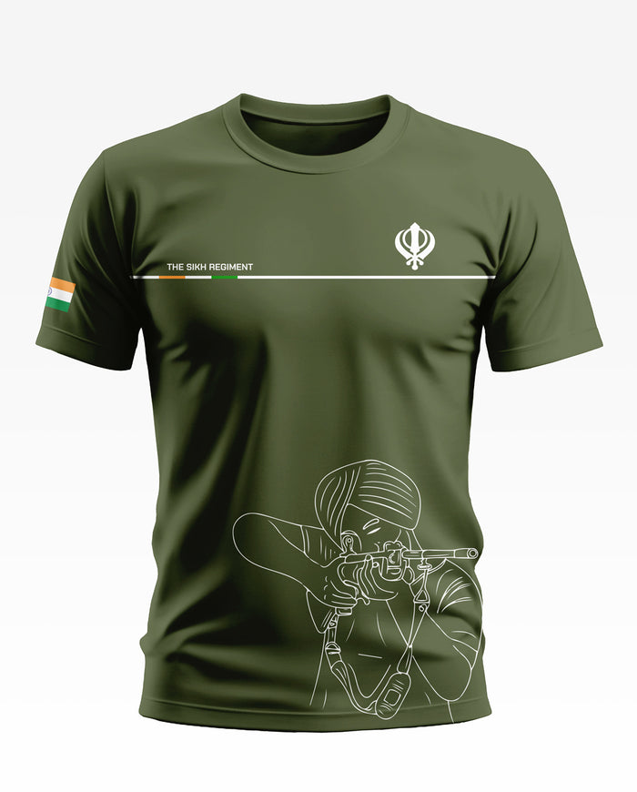 Olive green men's t-shirt featuring 'The Sikh Regiment' text, Khanda symbol, and Indian flag sleeve patch.