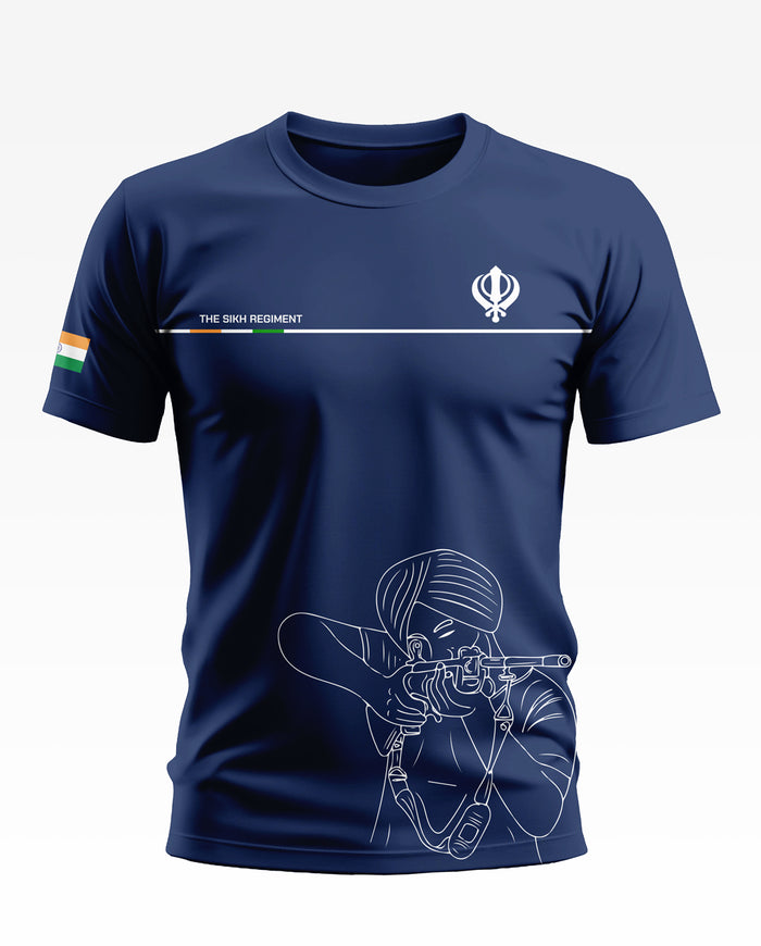 Navy blue t-shirt with Sikh Regiment text, Khanda symbol, Indian flag, and line art of a soldier aiming a rifle.