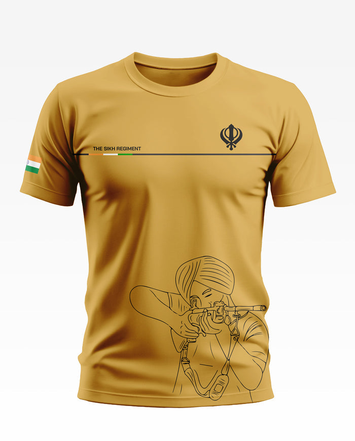 Yellow Sikh Regiment t-shirt with line art of turbaned soldier aiming rifle, Indian flag sleeve patch