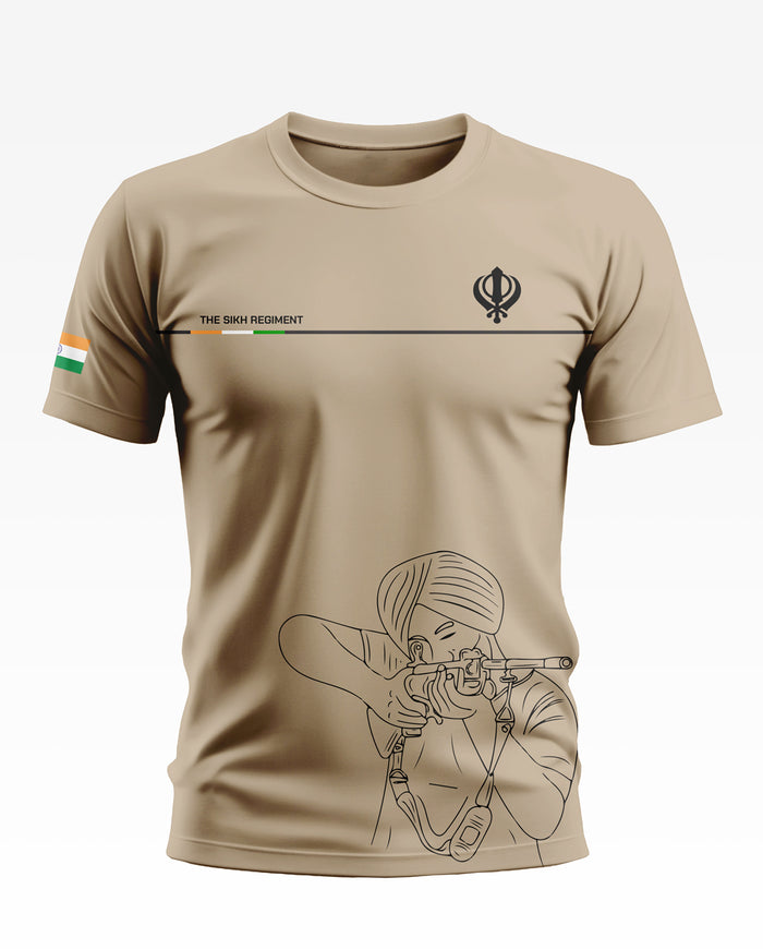 Beige men's t-shirt with Sikh Regiment text, Khanda symbol, Indian flag, and rifle graphic.