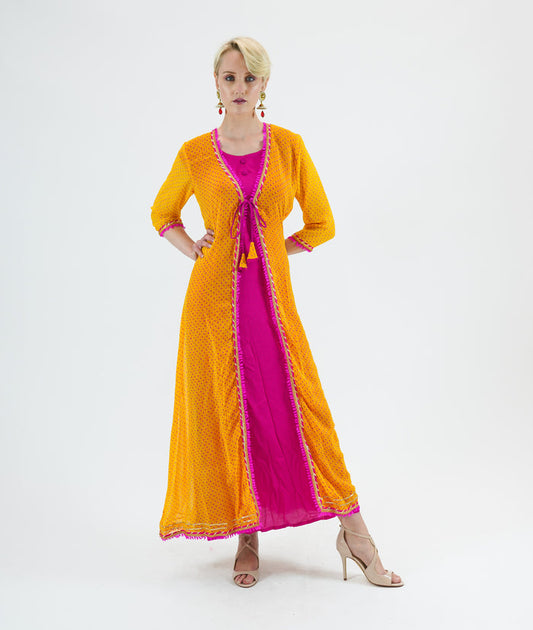 Silk Chiffon Two Piece Fuchsia Pink And Canary Yellow Gown
