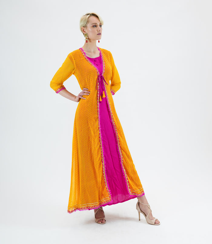 Silk Chiffon Two Piece Fuchsia Pink And Canary Yellow Gown