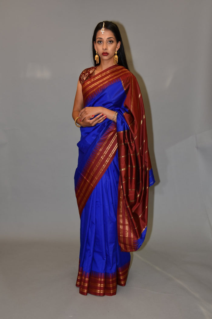 Silk Egyptian Blue Gold Striped With Lipstick Red Pallu Saree