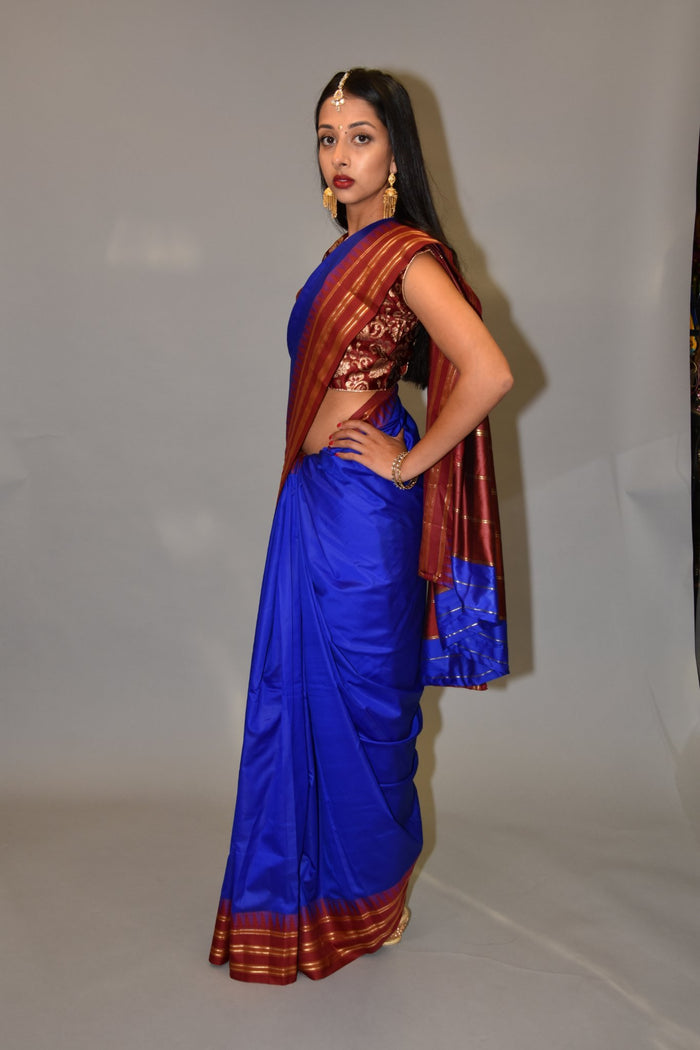 Silk Egyptian Blue Gold Striped With Lipstick Red Pallu Saree