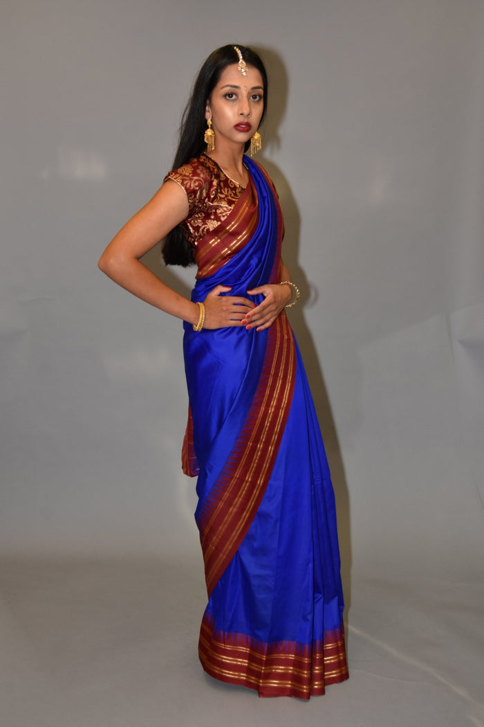 Silk Egyptian Blue Gold Striped With Lipstick Red Pallu Saree