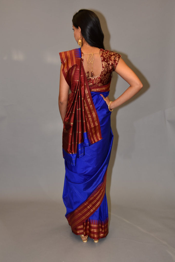 Silk Egyptian Blue Gold Striped With Lipstick Red Pallu Saree