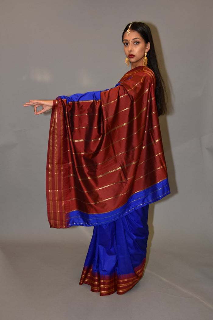 Silk Egyptian Blue Gold Striped With Lipstick Red Pallu Saree