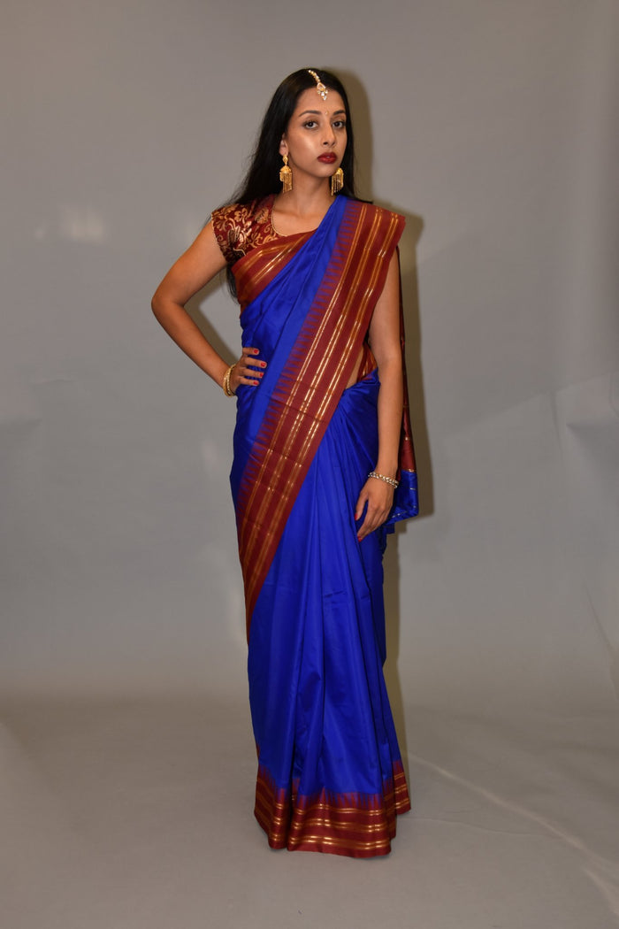 Silk Egyptian Blue Gold Striped With Lipstick Red Pallu Saree