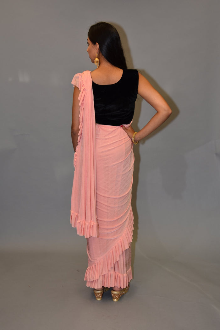 Silk Flamingo Pink Pleated Ruffle Saree