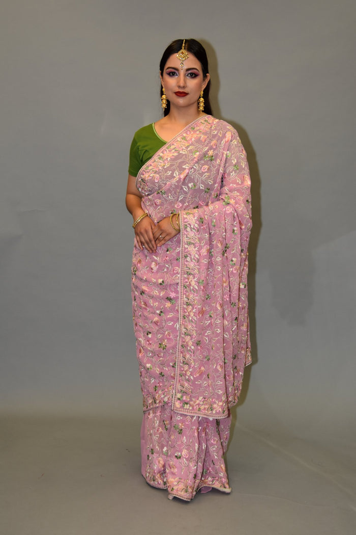 Silk Georgette Heavy Embroidered Flamingo Pink Saree