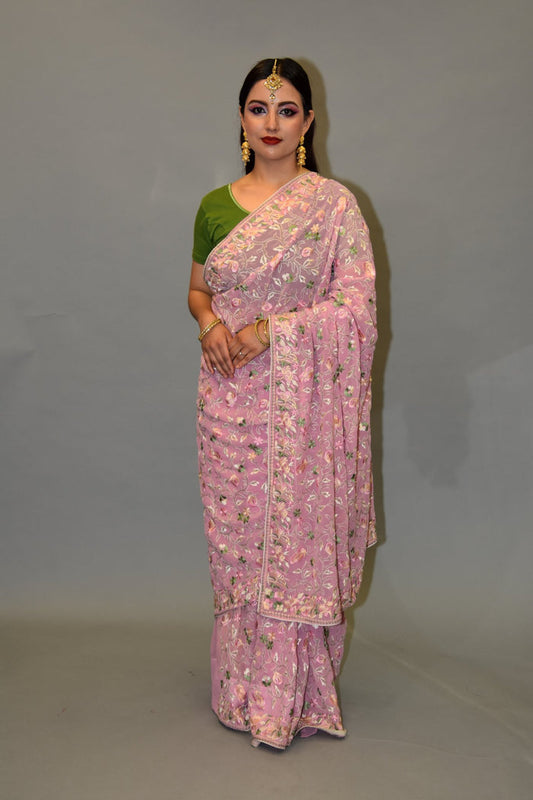 Silk Georgette Heavy Embroidered Flamingo Pink Saree