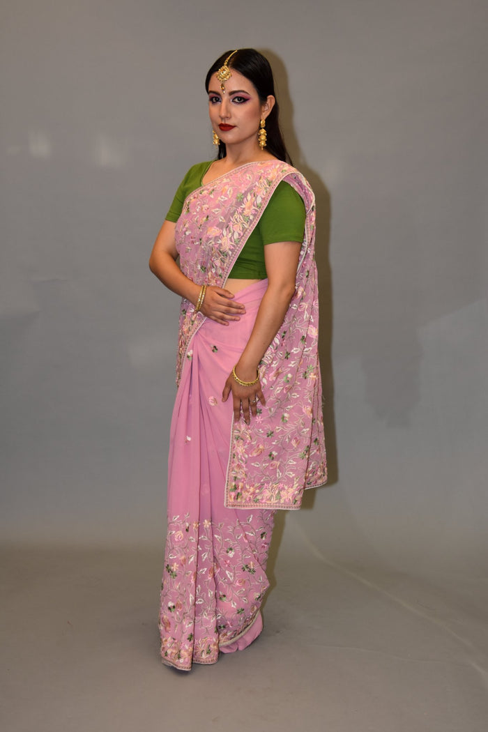 Silk Georgette Heavy Embroidered Flamingo Pink Saree