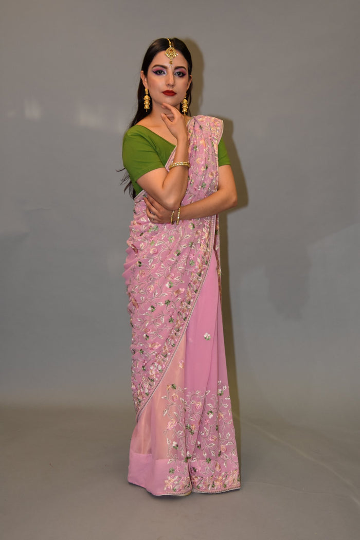 Silk Georgette Heavy Embroidered Flamingo Pink Saree
