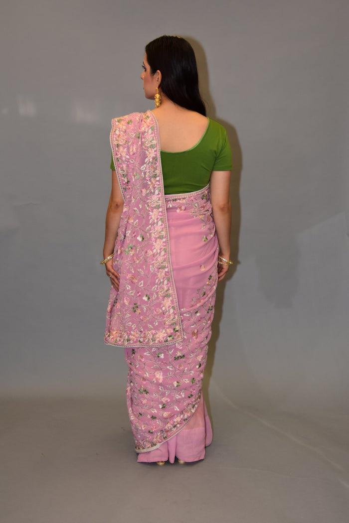 Silk Georgette Heavy Embroidered Flamingo Pink Saree