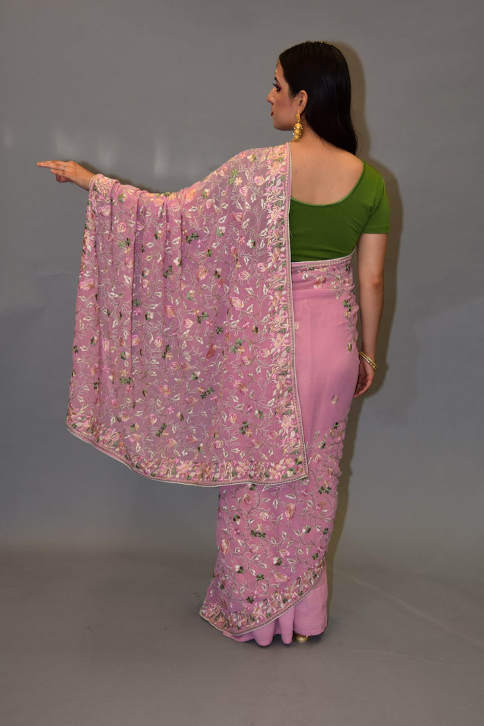 Silk Georgette Heavy Embroidered Flamingo Pink Saree