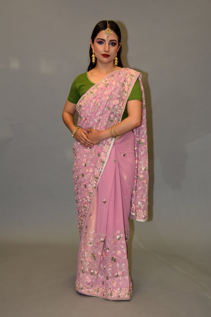 Silk Georgette Heavy Embroidered Flamingo Pink Saree