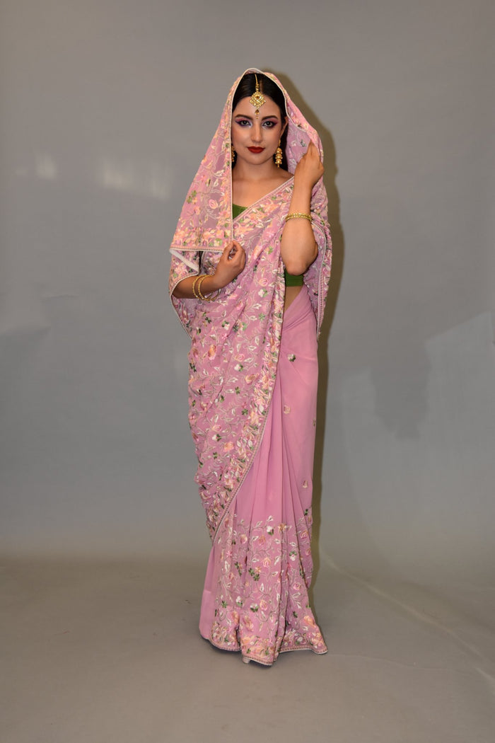 Silk Georgette Heavy Embroidered Flamingo Pink Saree