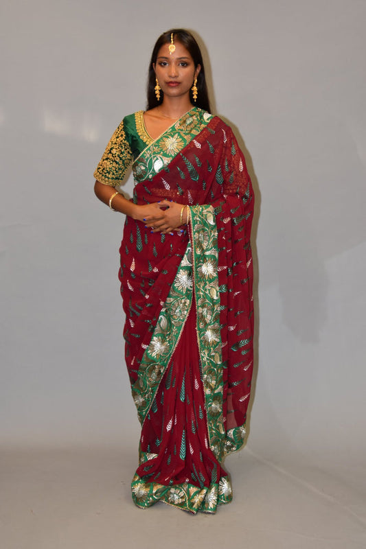 Silk Georgette Heavy Embroidered Garnet Red Saree