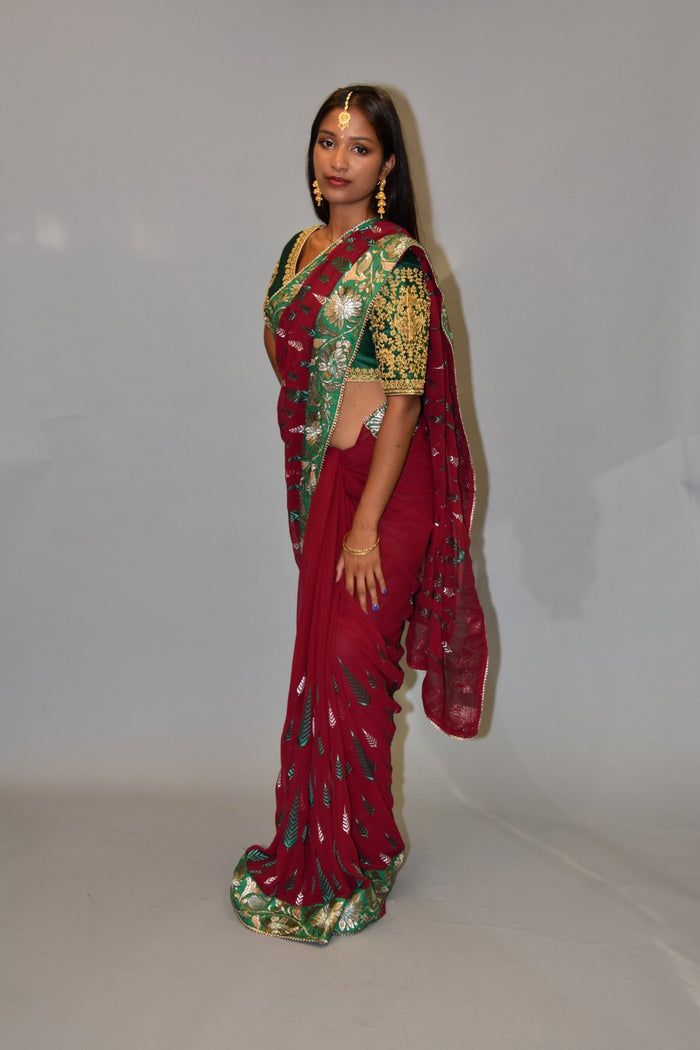 Silk Georgette Heavy Embroidered Garnet Red Saree