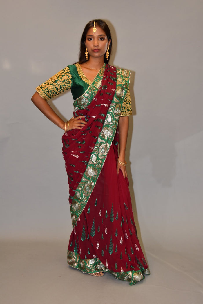 Silk Georgette Heavy Embroidered Garnet Red Saree