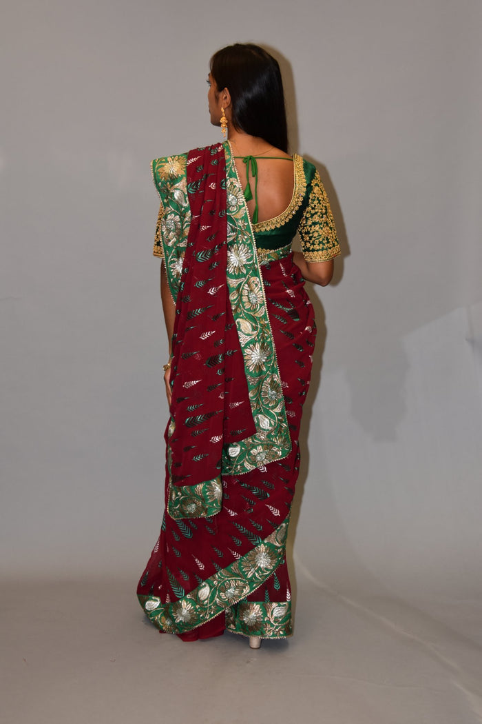 Silk Georgette Heavy Embroidered Garnet Red Saree