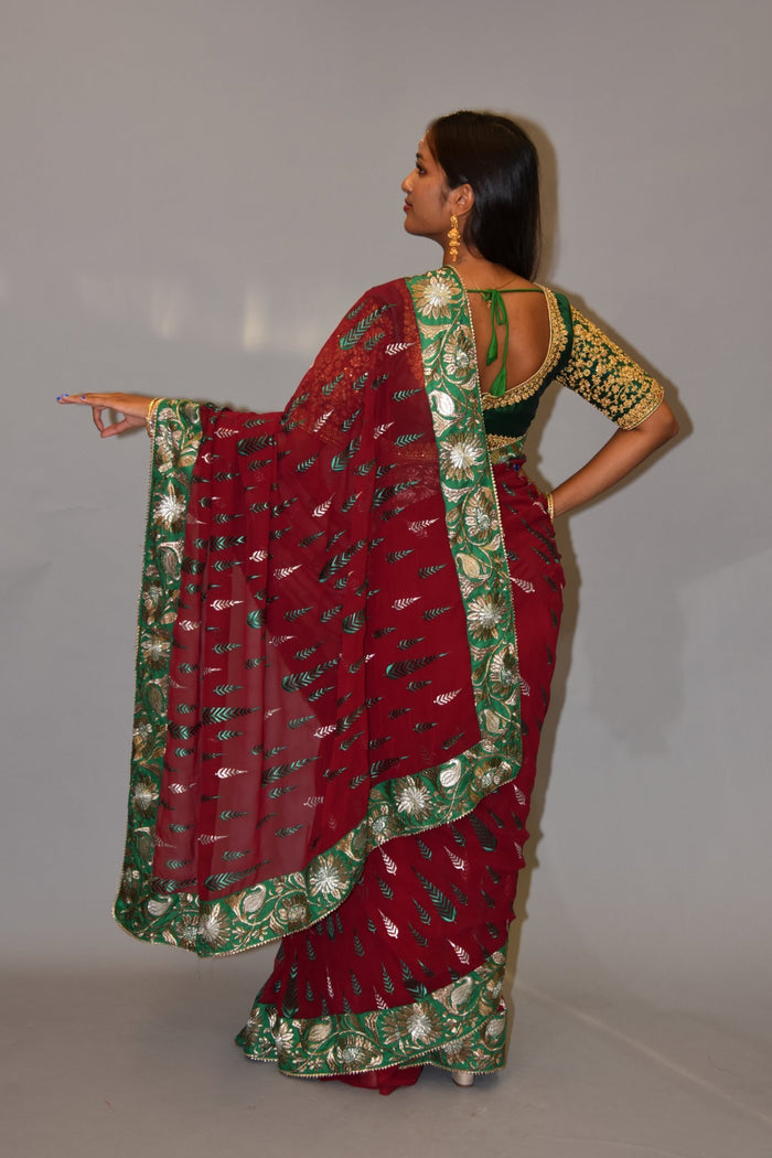 Silk Georgette Heavy Embroidered Garnet Red Saree