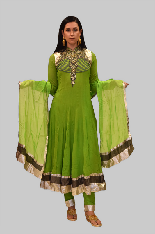 Silk Georgette Pear Green Embroidered Anarkali / Gown