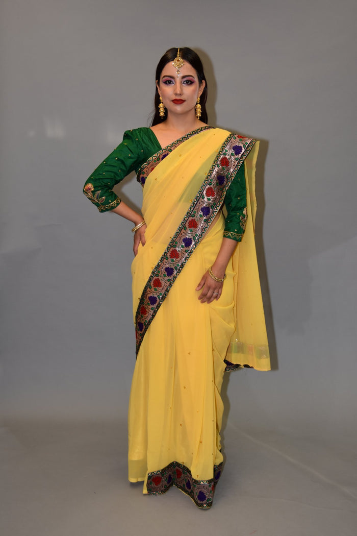 Silk Georgette Pineapple Yellow Embroidered Saree