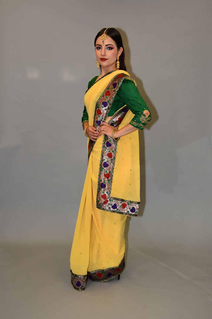 Silk Georgette Pineapple Yellow Embroidered Saree