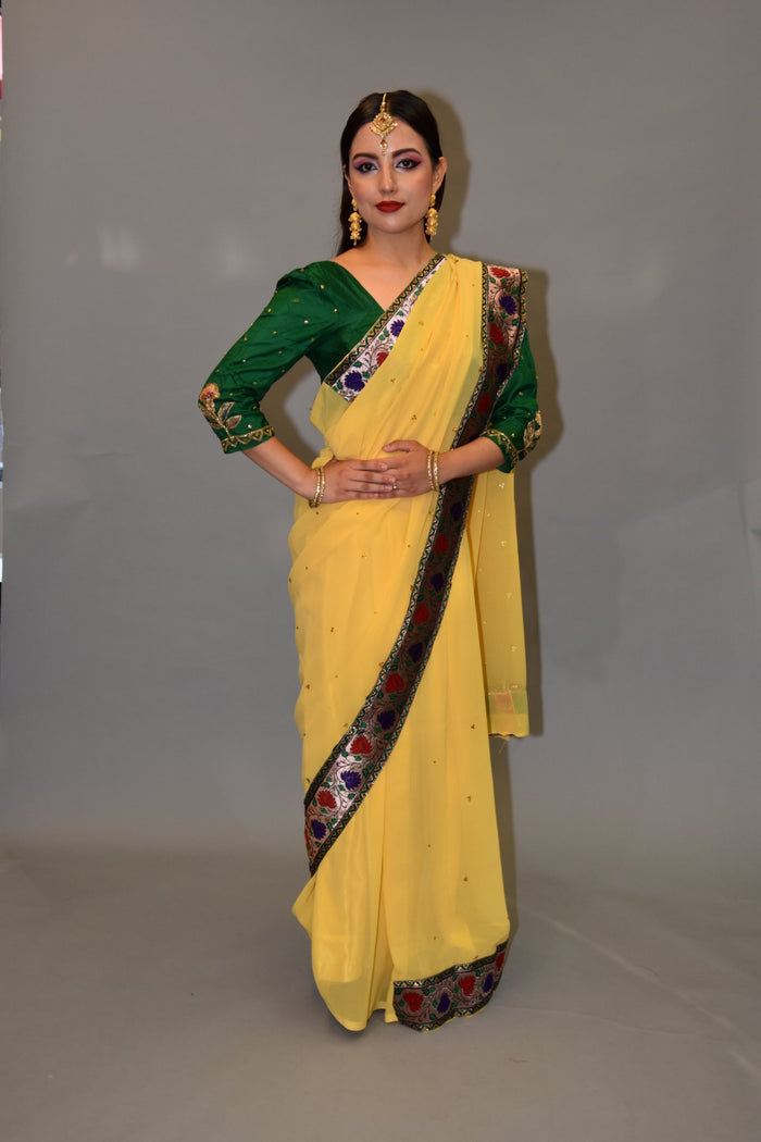 Silk Georgette Pineapple Yellow Embroidered Saree