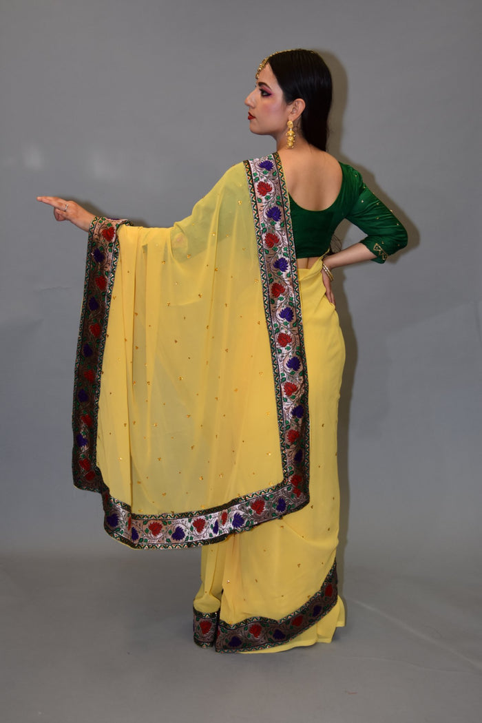 Silk Georgette Pineapple Yellow Embroidered Saree