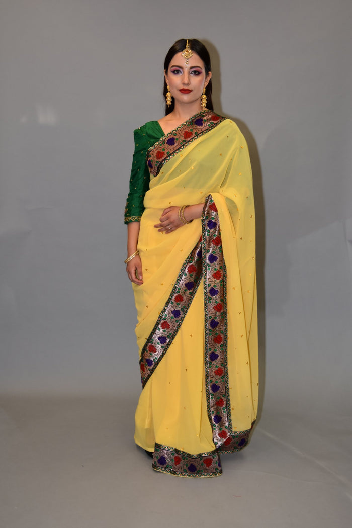 Silk Georgette Pineapple Yellow Embroidered Saree