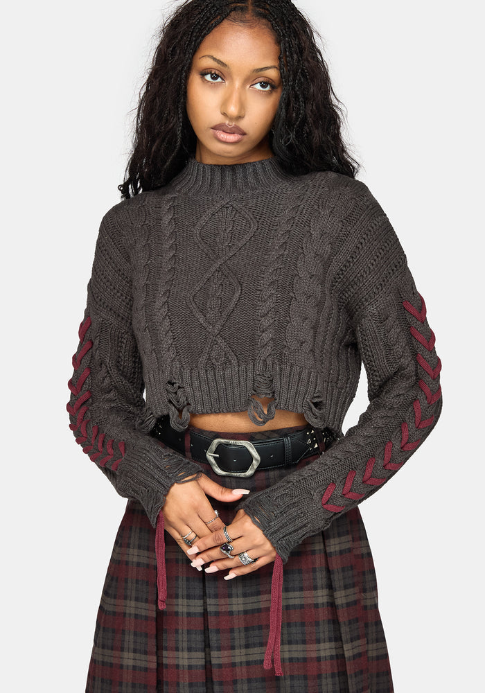Skulk Distressed Cable Knit Crop Jumper - Charcoal