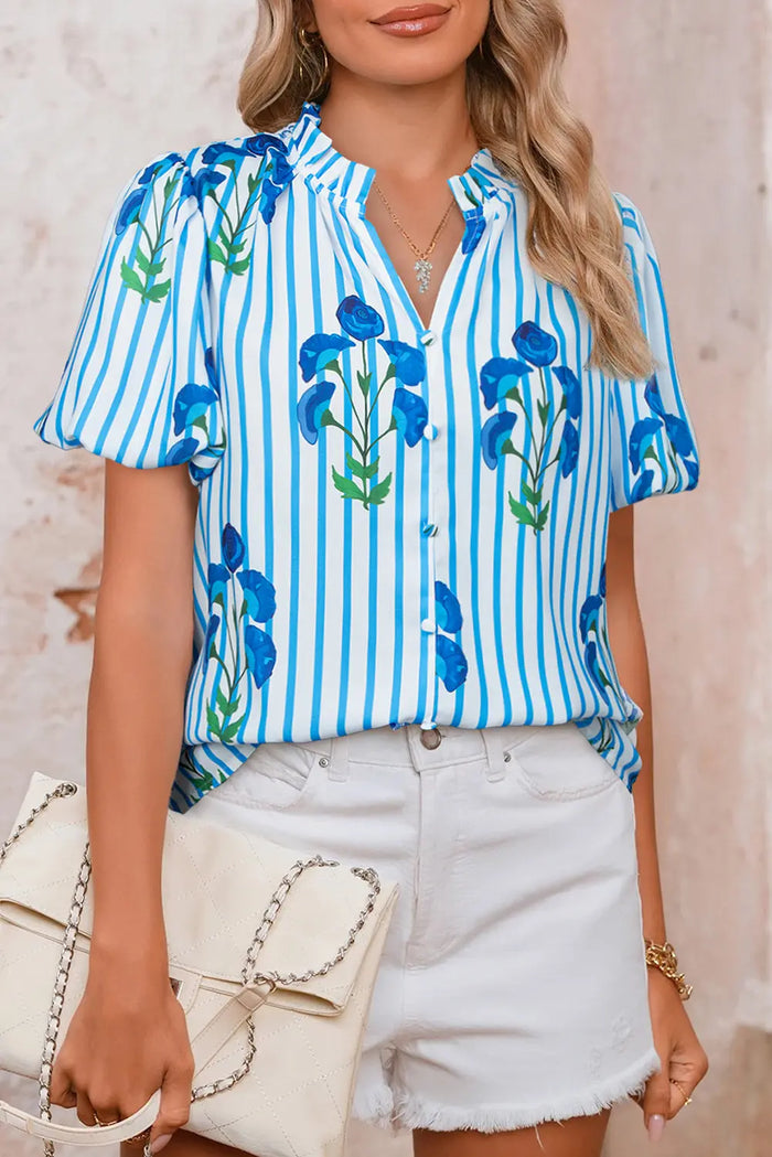 Sky Blue Stripe Floral Buttoned Frilly Notched Neck Puff Sleeve Summer Blouse - S - Tops/Blouses & Shirts