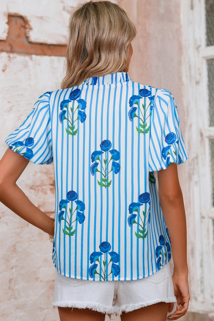 Sky Blue Stripe Floral Buttoned Frilly Notched Neck Puff Sleeve Summer Blouse - Tops/Blouses & Shirts