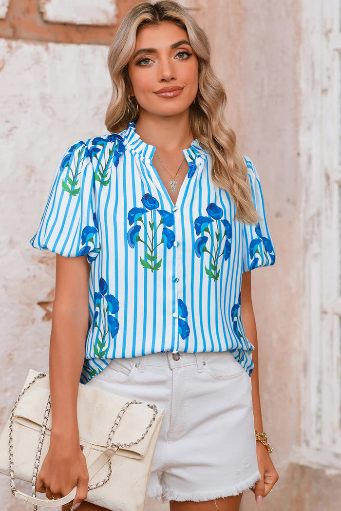 Sky Blue Stripe Floral Buttoned Frilly Notched Neck Puff Sleeve Summer Blouse - Tops/Blouses & Shirts