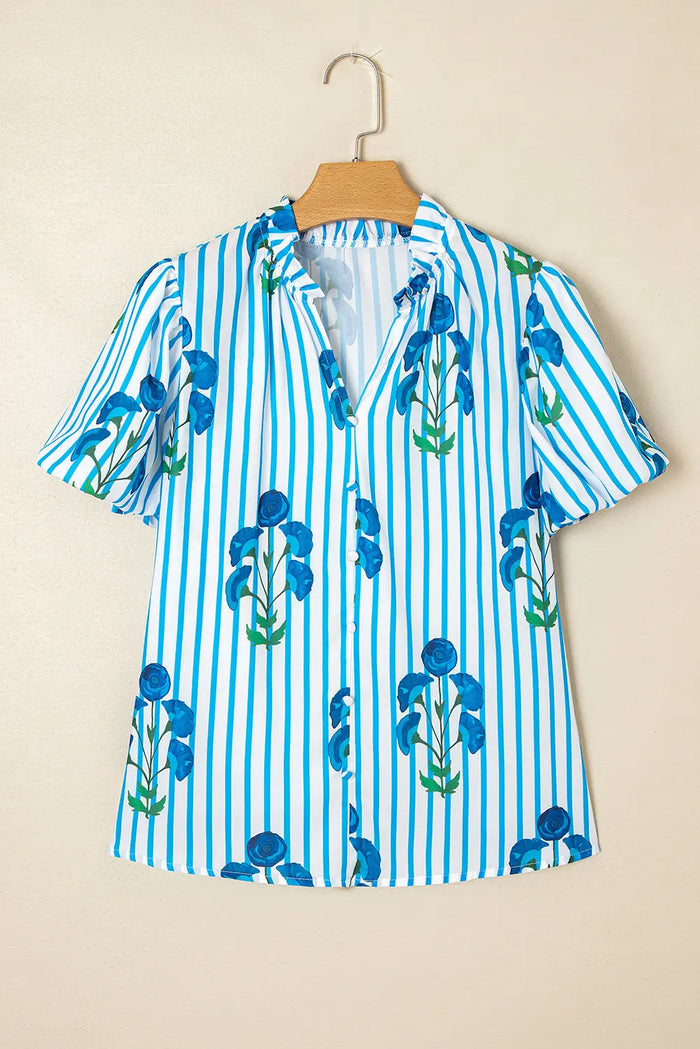 Sky Blue Stripe Floral Buttoned Frilly Notched Neck Puff Sleeve Summer Blouse - Tops/Blouses & Shirts