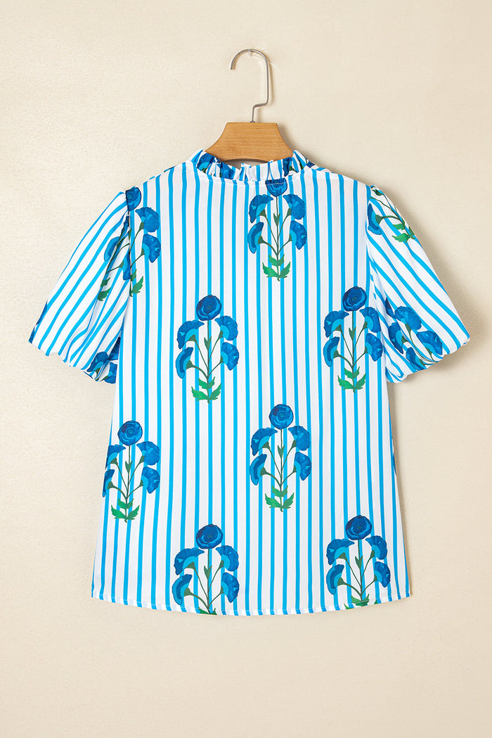 Sky Blue Stripe Floral Buttoned Frilly Notched Neck Puff Sleeve Summer Blouse - Tops/Blouses & Shirts