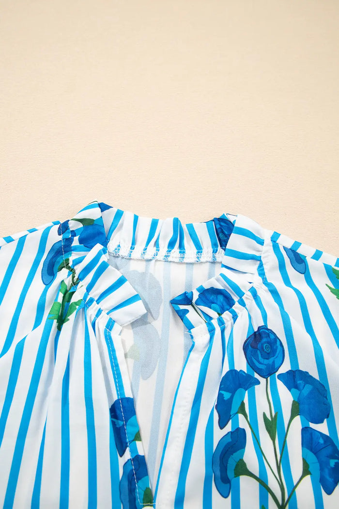 Sky Blue Stripe Floral Buttoned Frilly Notched Neck Puff Sleeve Summer Blouse - Tops/Blouses & Shirts