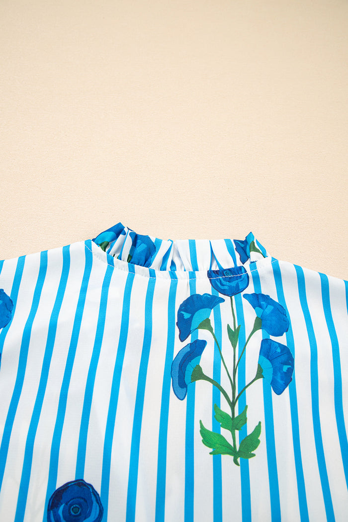 Sky Blue Stripe Floral Buttoned Frilly Notched Neck Puff Sleeve Summer Blouse - Tops/Blouses & Shirts
