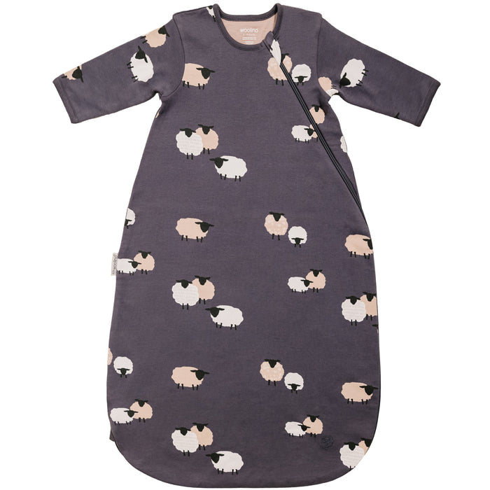 Woolino Slumber Sleeping bag with sleeves in indigo color with sheep pattern on a white background