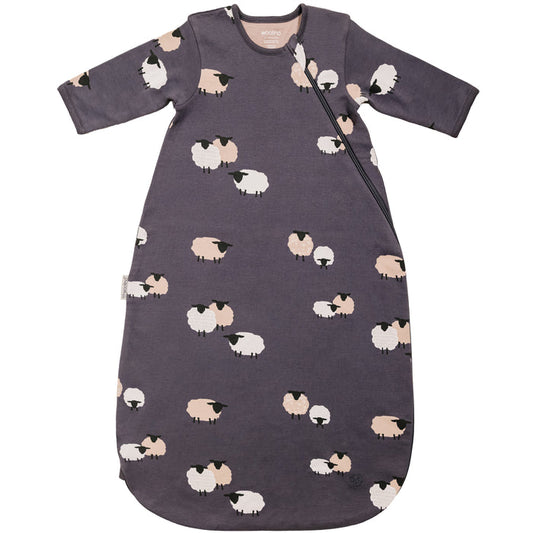 Woolino Slumber Sleeping bag with sleeves in indigo color with sheep pattern on a white background