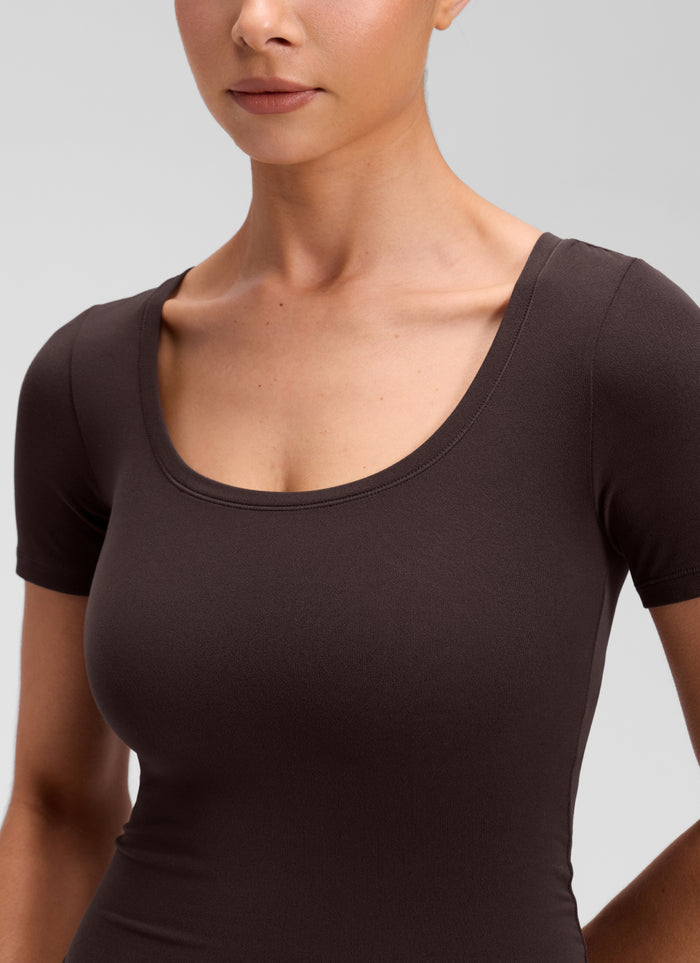 CRZ YOGA Women's Softembrace Casual U Neck Tight Fit Short Sleeve Hot Fudge Brown
