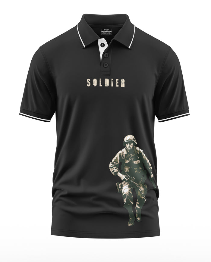 Black polo t-shirt for men with soldier graphic and 'SOLDIER' text, military-themed design
