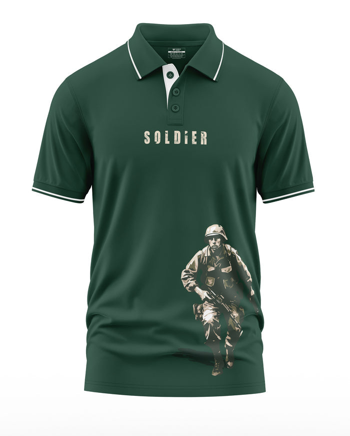 Green polo t-shirt with 'Soldier' text and army soldier graphic, men's military fashion