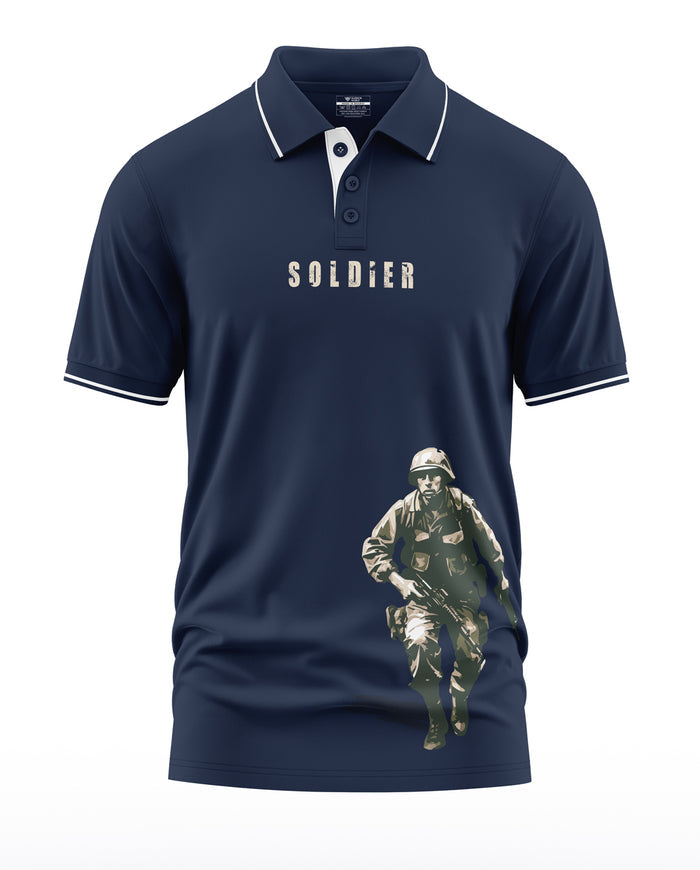 Navy blue polo t-shirt with 'SOLDIER' text and soldier graphic, men's military style fashion