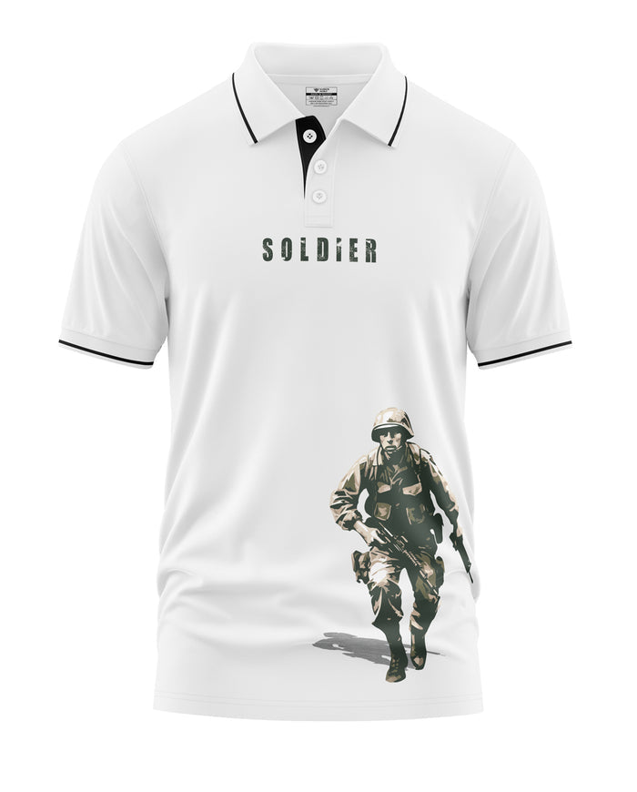 White men's polo t-shirt with 'SOLDIER' text and army graphic, military print design.