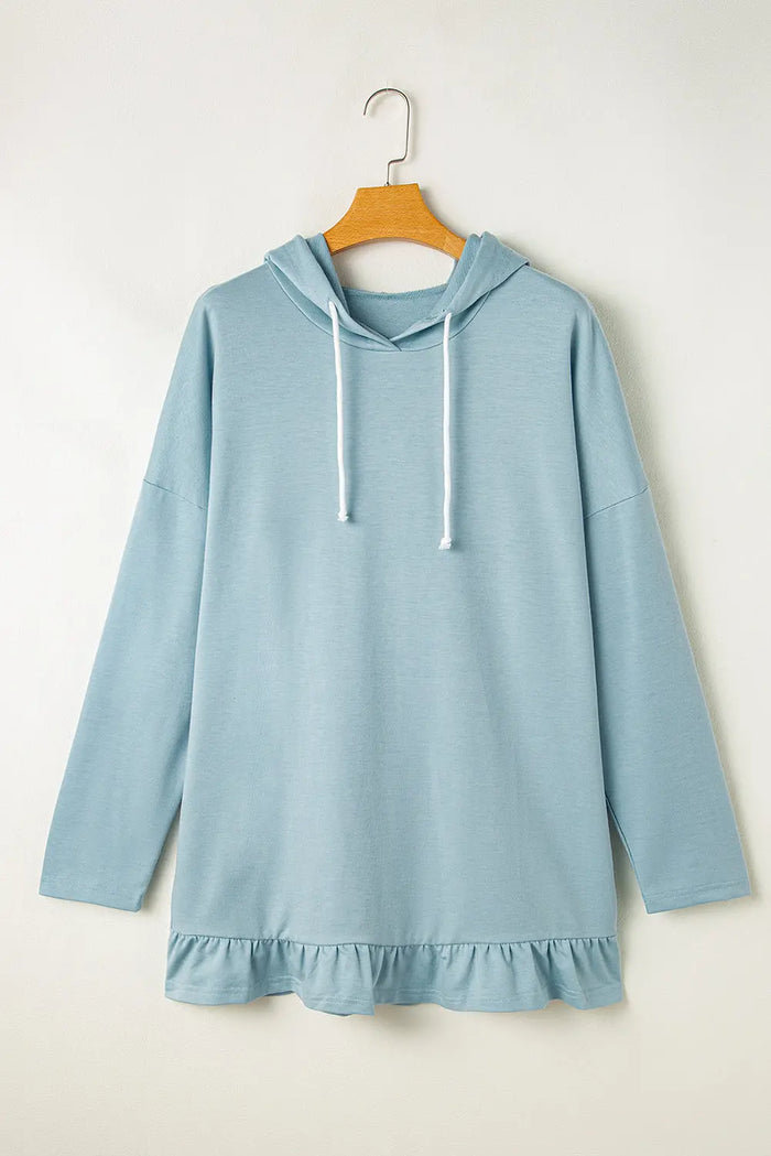 Shop Solid Colour Ruffled Hem Loose Fit Tunic Hoodie at eAura