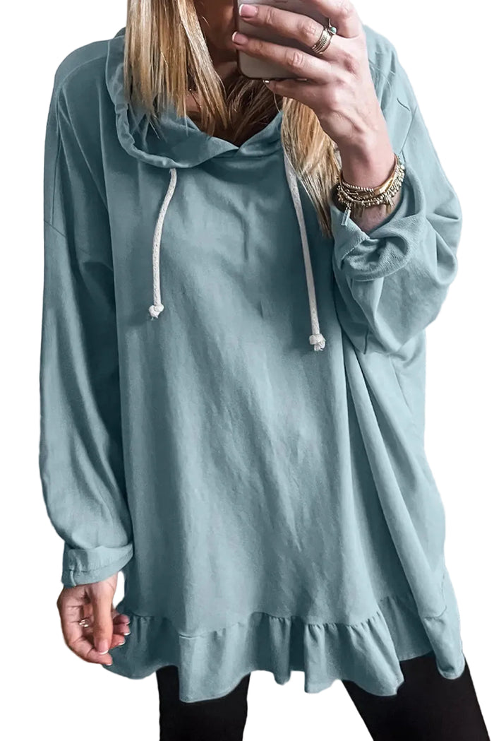 Shop Solid Colour Ruffled Hem Loose Fit Tunic Hoodie at eAura