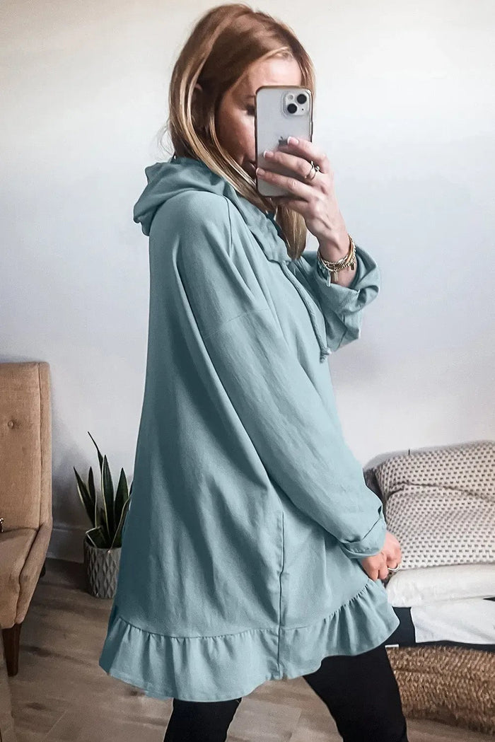 Shop Solid Colour Ruffled Hem Loose Fit Tunic Hoodie at eAura